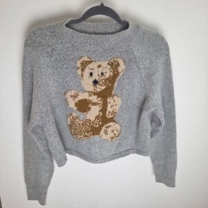 Agua Blues Gray Cropped Teddy Bear Knit Sweater Womens Medium Crew Neck Raglan